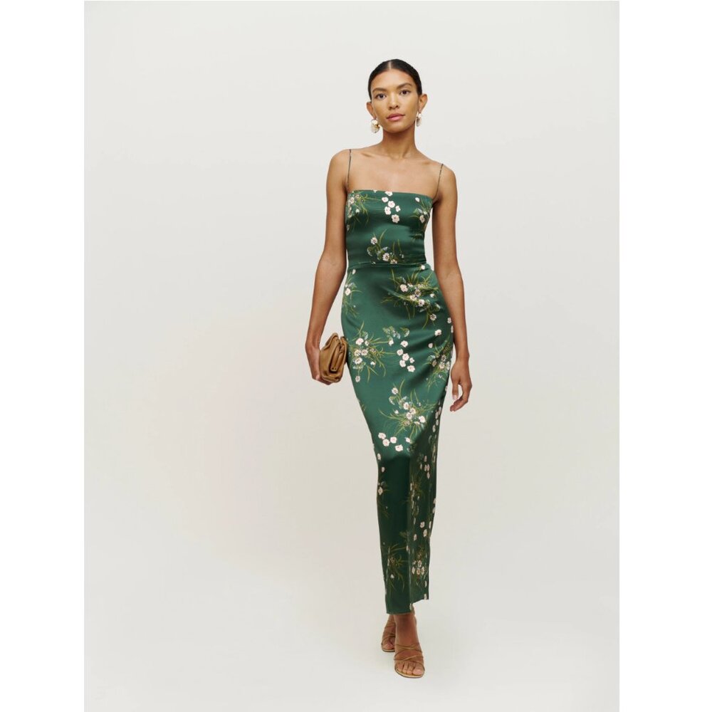 Reformation Green Floral Satin Maxi Dress